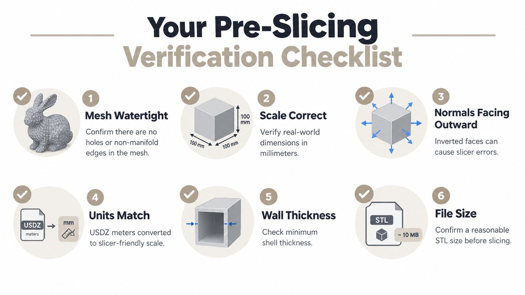 A six-step checklist for 3D printing preparation, detailing mesh, scale, normals, units, wall thickness, and file size.