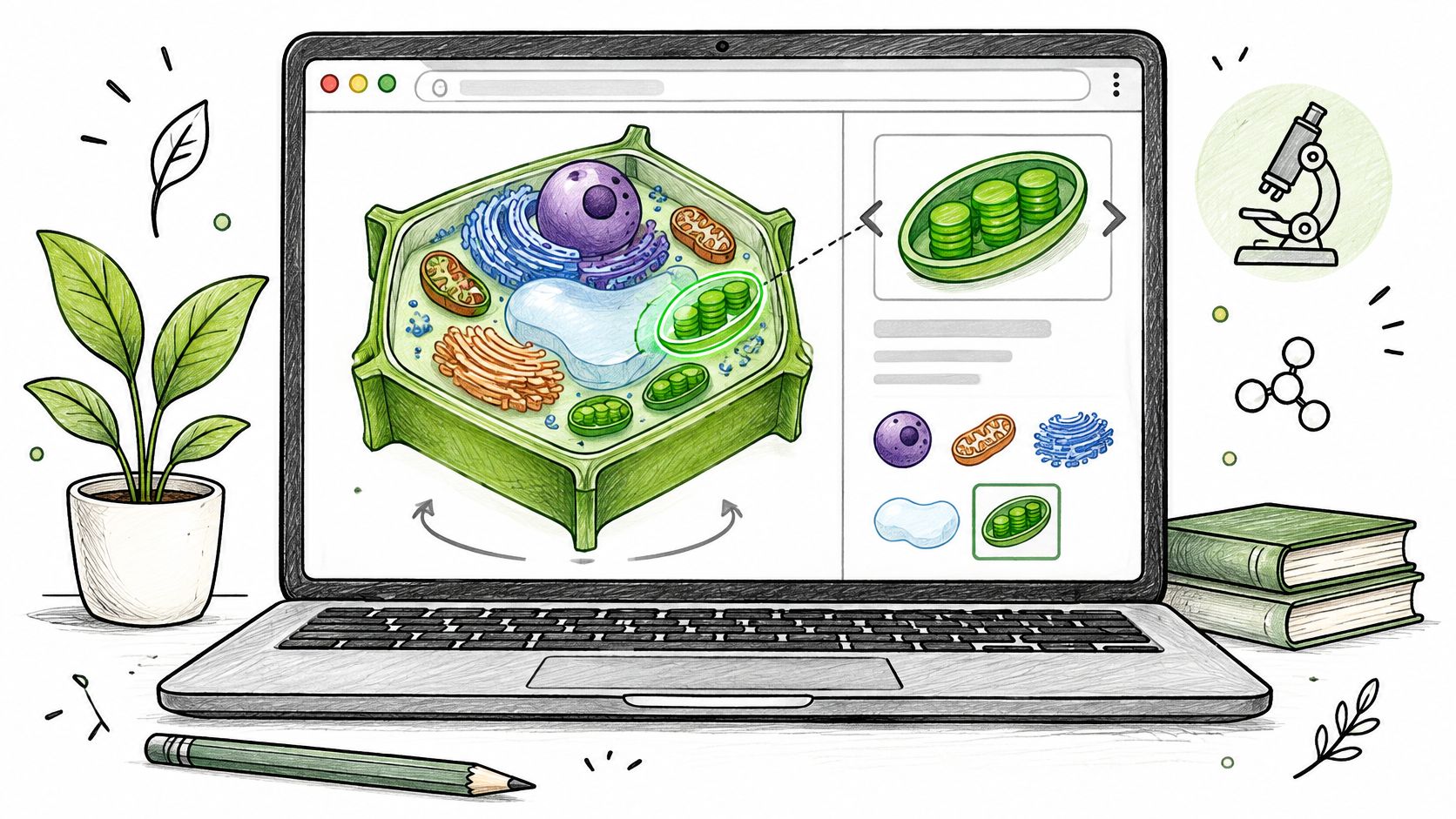 A digital illustration showing a 3D plant cell model on a laptop screen with biology-themed study items.
