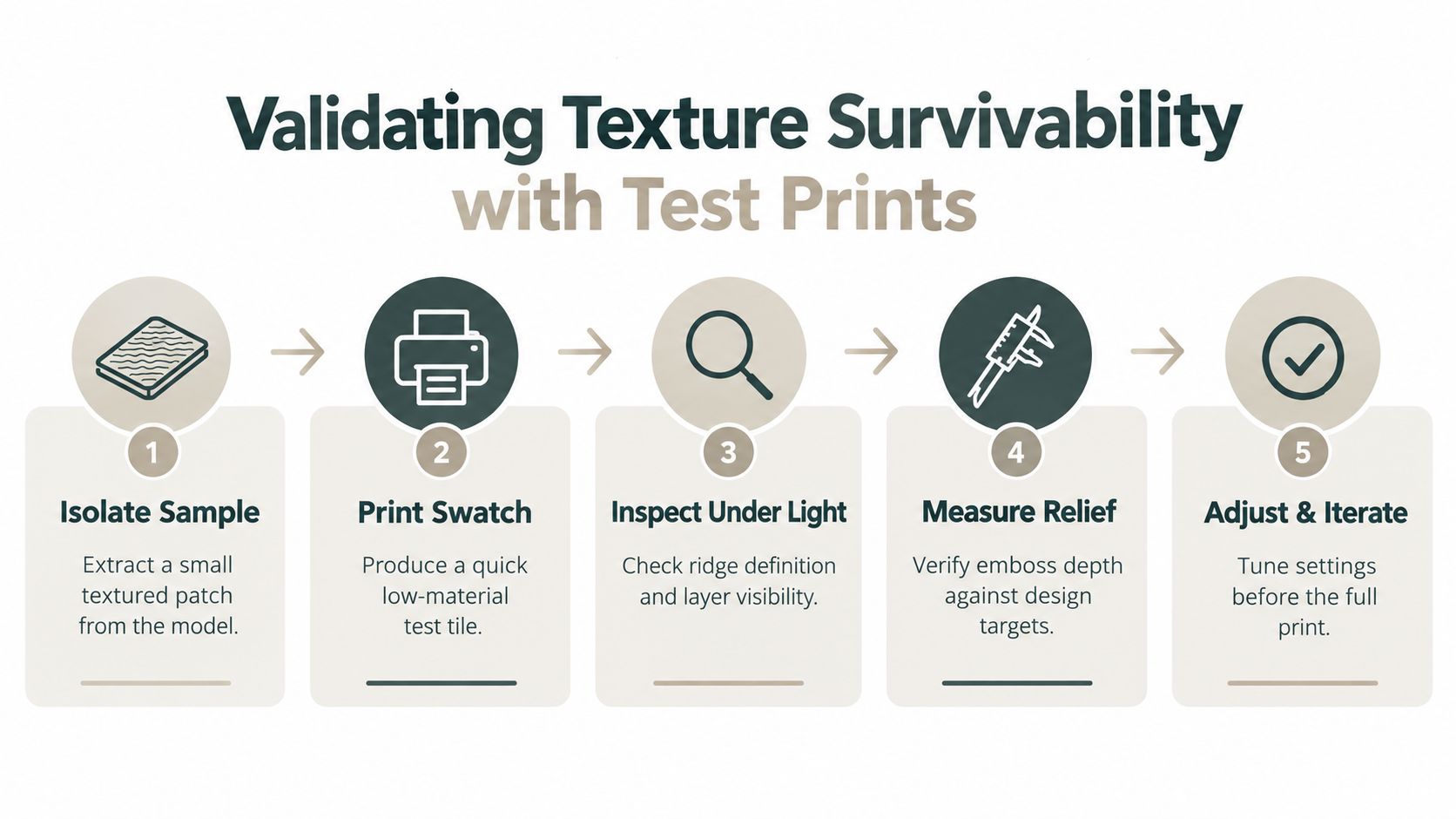 A five-step infographic showing the process of validating 3d printed textures using small sample test prints.