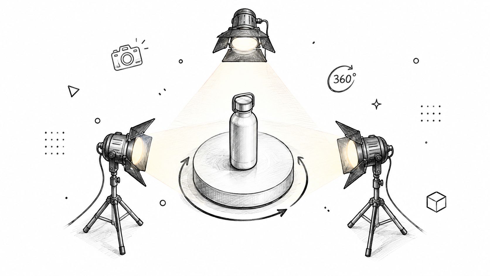 A pencil sketch of a 360-degree photography setup featuring a bottle on a rotating turntable with professional studio lights.