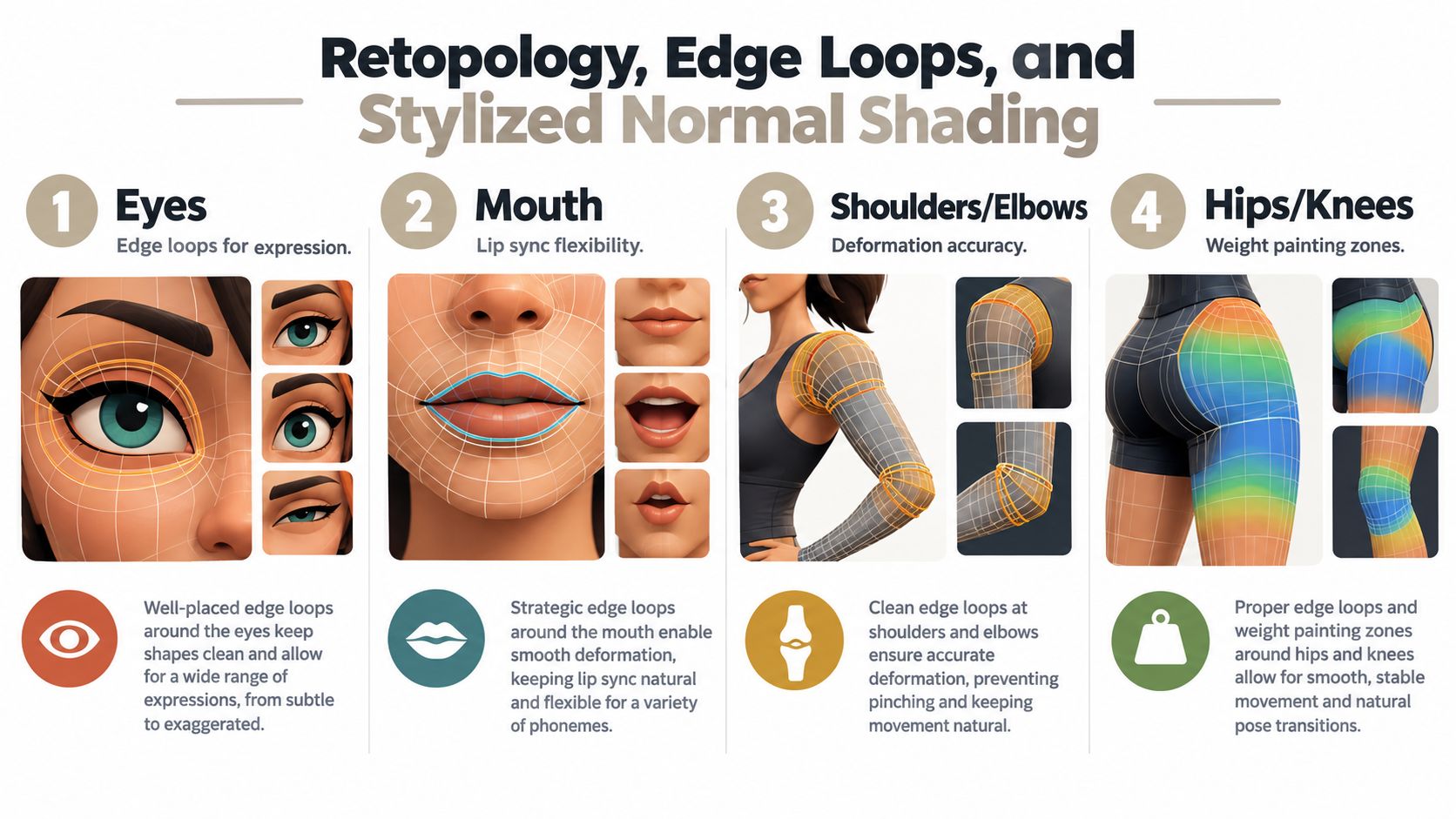 An infographic titled Retopology, Edge Loops, and Stylized Normal Shading, explaining 3D modeling techniques for character joints and expressions.