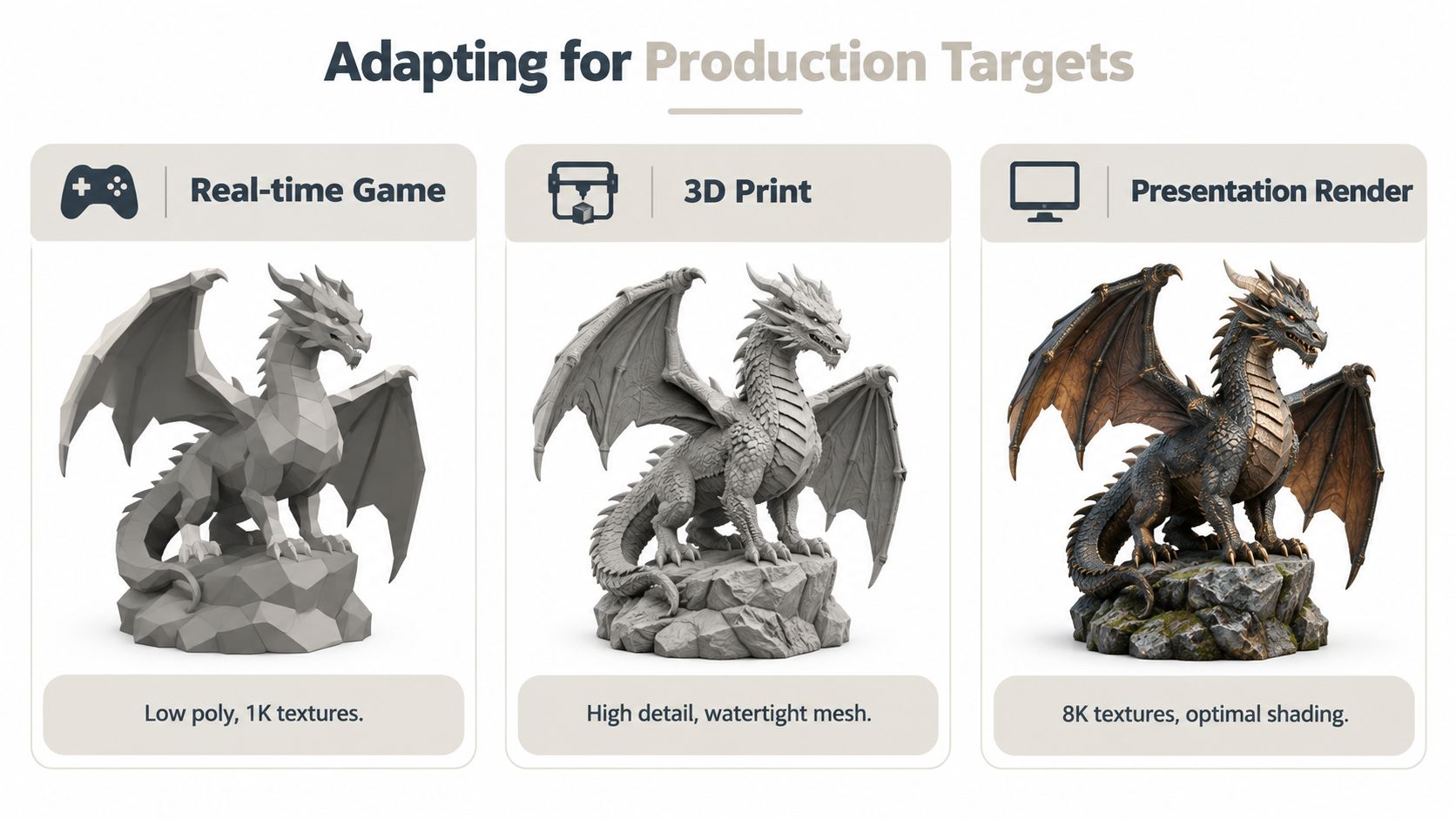 A diagram comparing three different production targets for a 3D dragon model including game, print, and render.