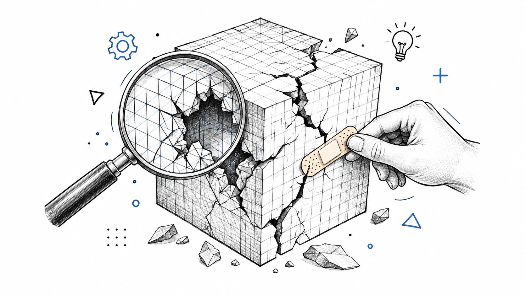 A magnifying glass examining a cracked cube while a hand applies a bandage to the break.