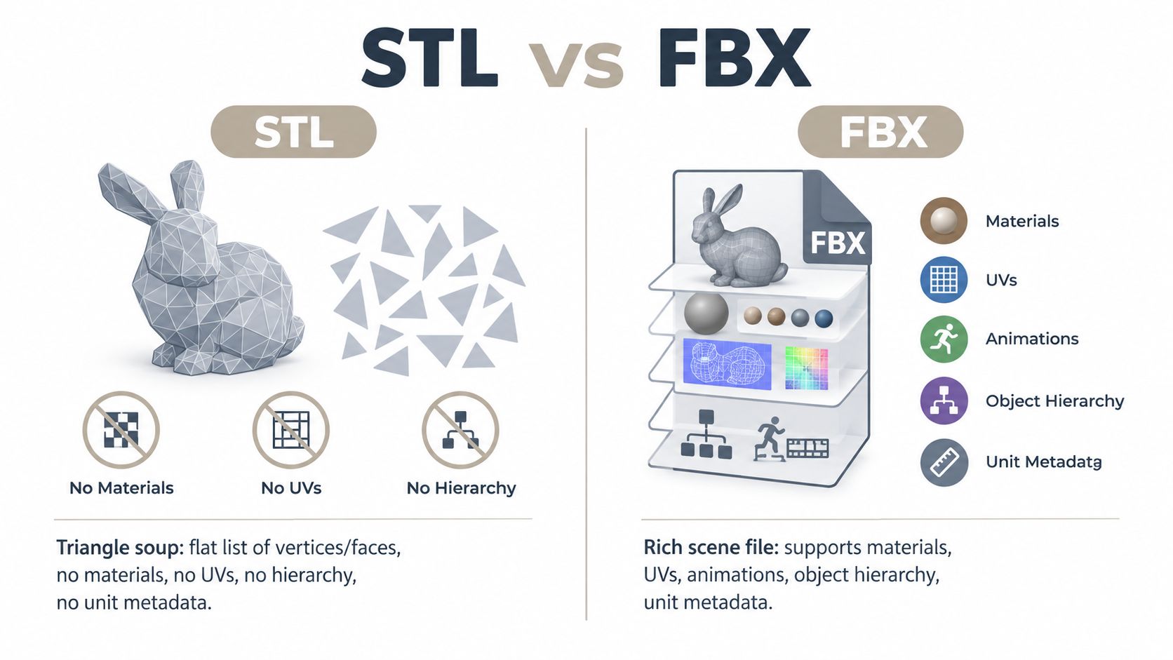 A comparison infographic showing the key differences between STL and FBX 3D file formats.