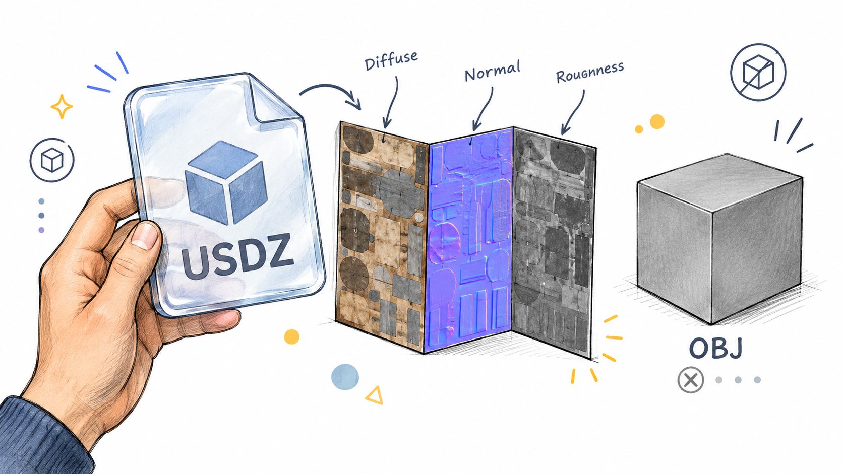 A hand holds a digital USDZ file converting into an OBJ 3D cube model with texture maps.