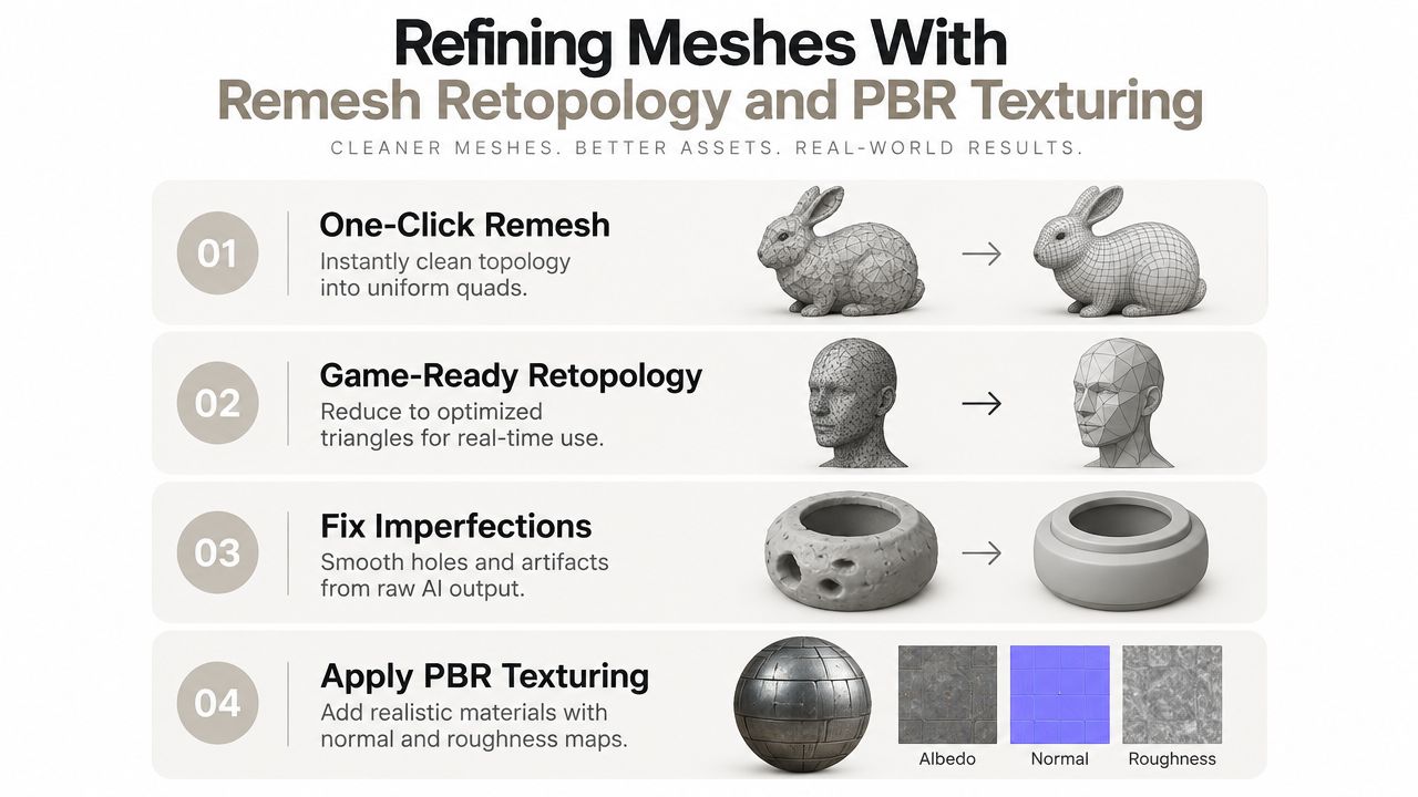 An infographic detailing four steps to refine 3D meshes using remesh, retopology, and PBR texturing techniques.