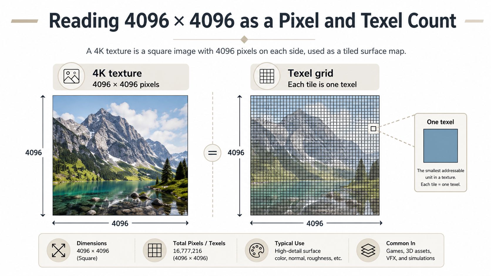 A diagram explaining 4K texture resolution showing 4096 by 4096 pixels, total pixel count, and texel definition.