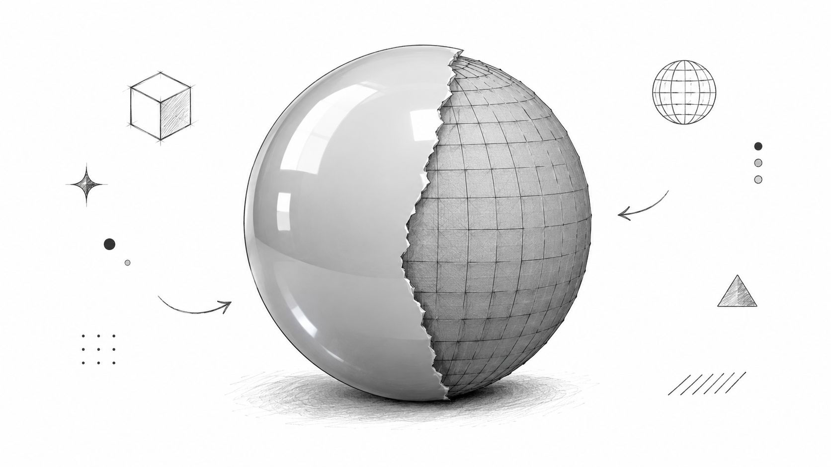 A split sphere showing a smooth polished surface on one side and a wireframe grid on the other.