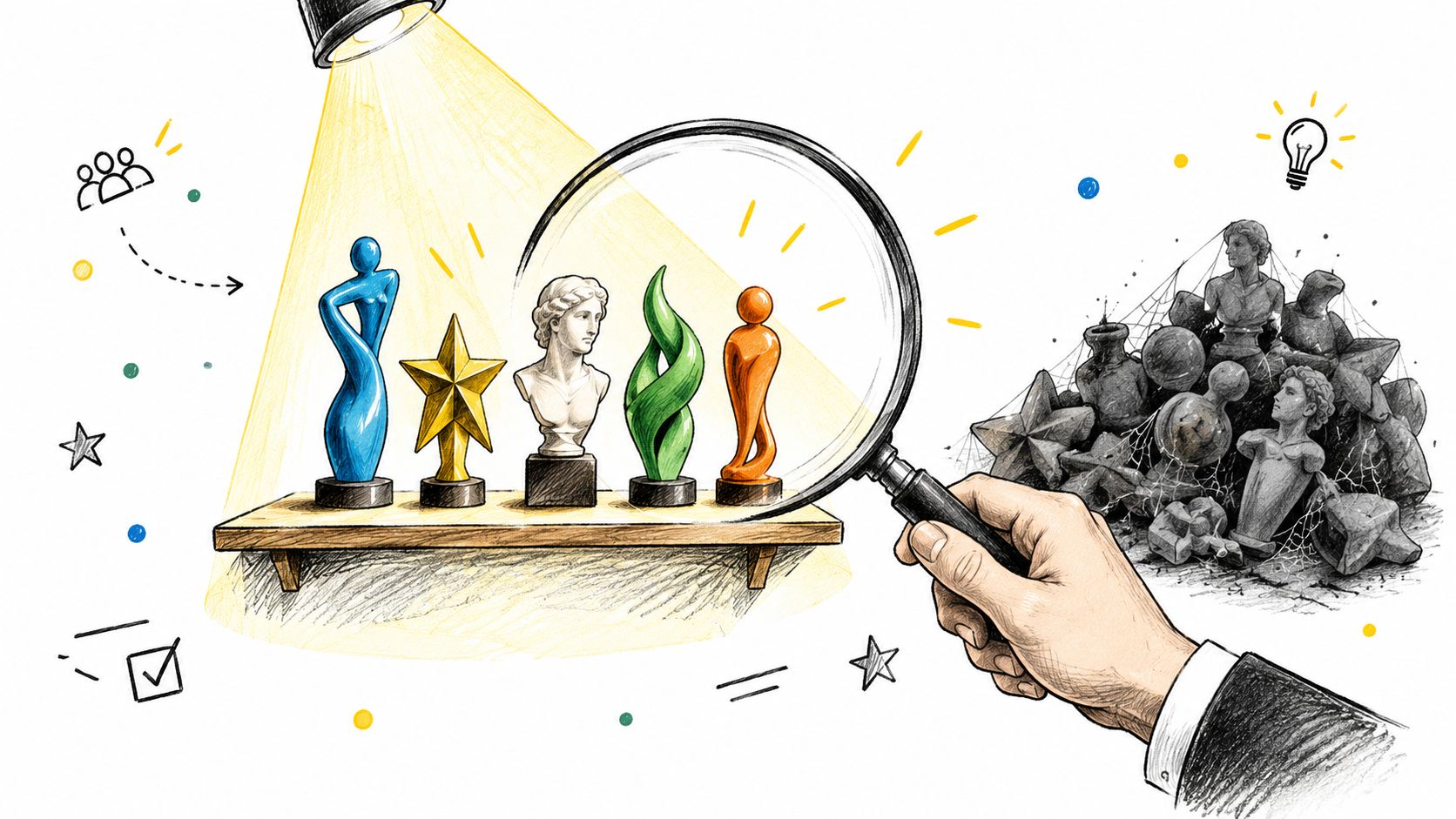A hand using a magnifying glass to highlight distinct 3D model awards on a shelf.