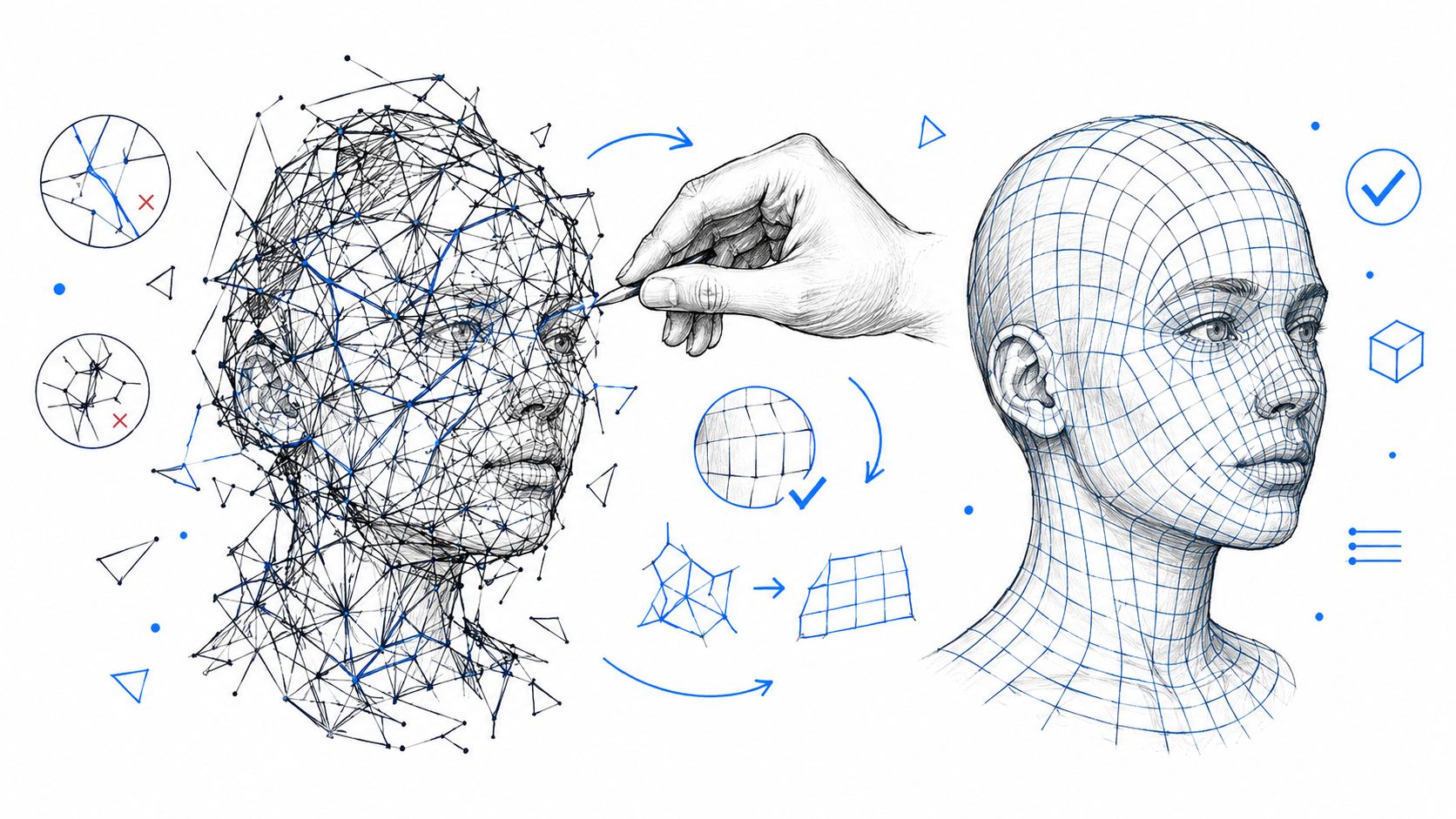 A hand transforming a complex wireframe head mesh into a clean, structured 3D character model.