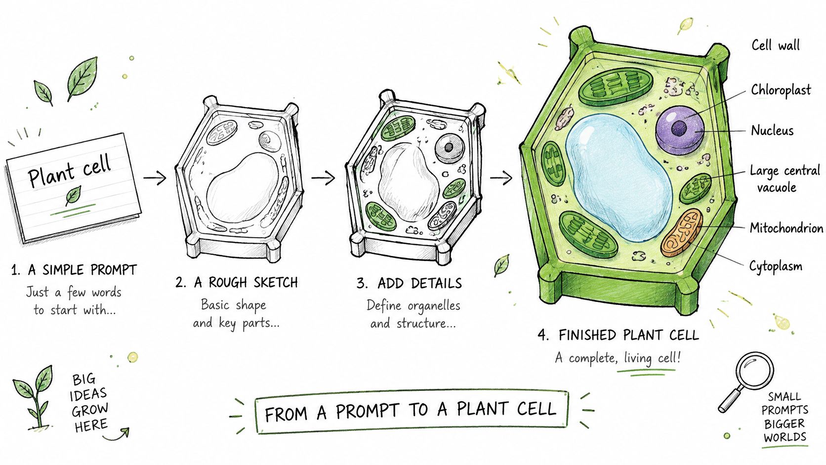 An illustration showing the four-step process of drawing a plant cell, starting from a prompt.