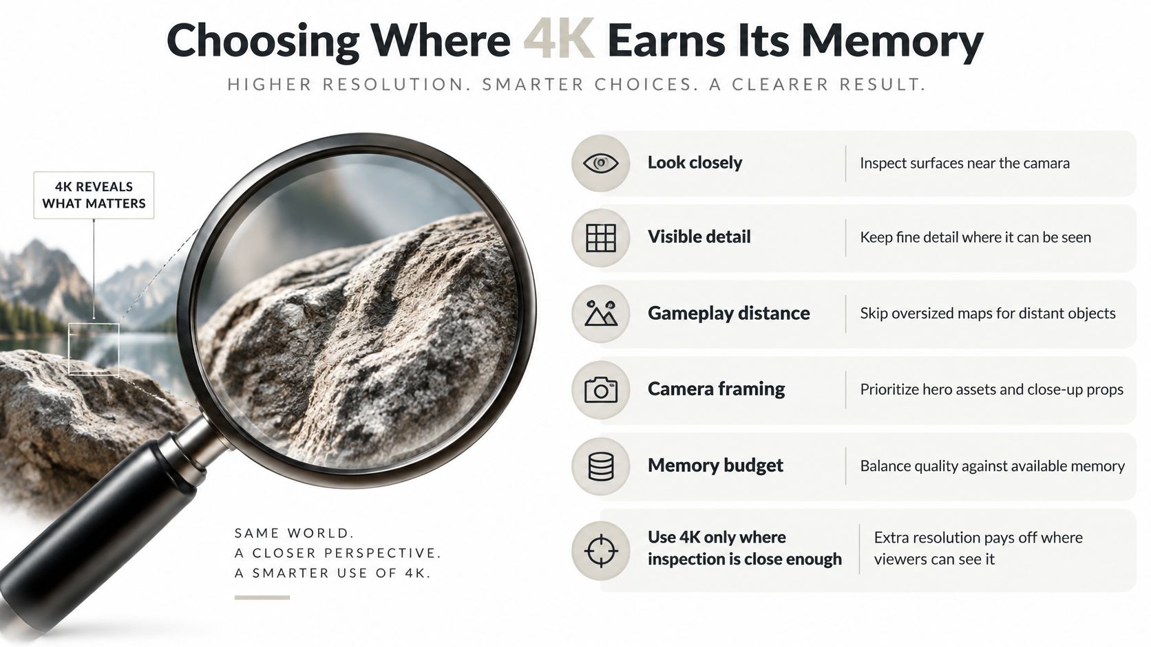 An infographic titled Choosing Where 4K Earns Its Memory, explaining tips for optimizing 4K textures in games.