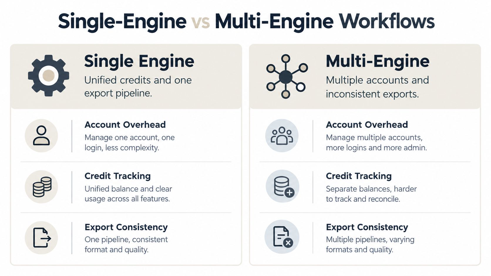 A comparison chart showing the differences between single-engine and multi-engine workflow management systems.