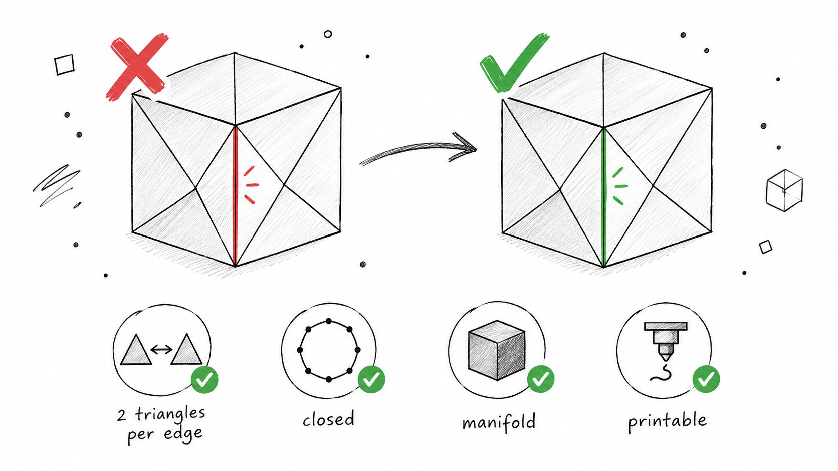 A diagram illustrating non-manifold versus manifold 3D models with rules for 3D printing success.