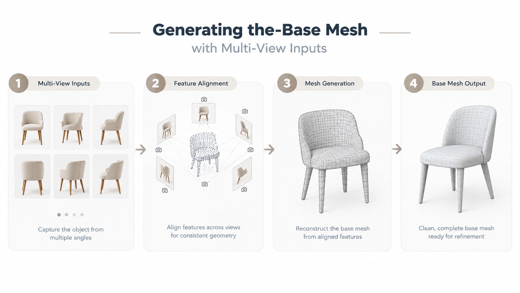 A four-step diagram showing the process of generating a 3D chair mesh from multi-view photo inputs.