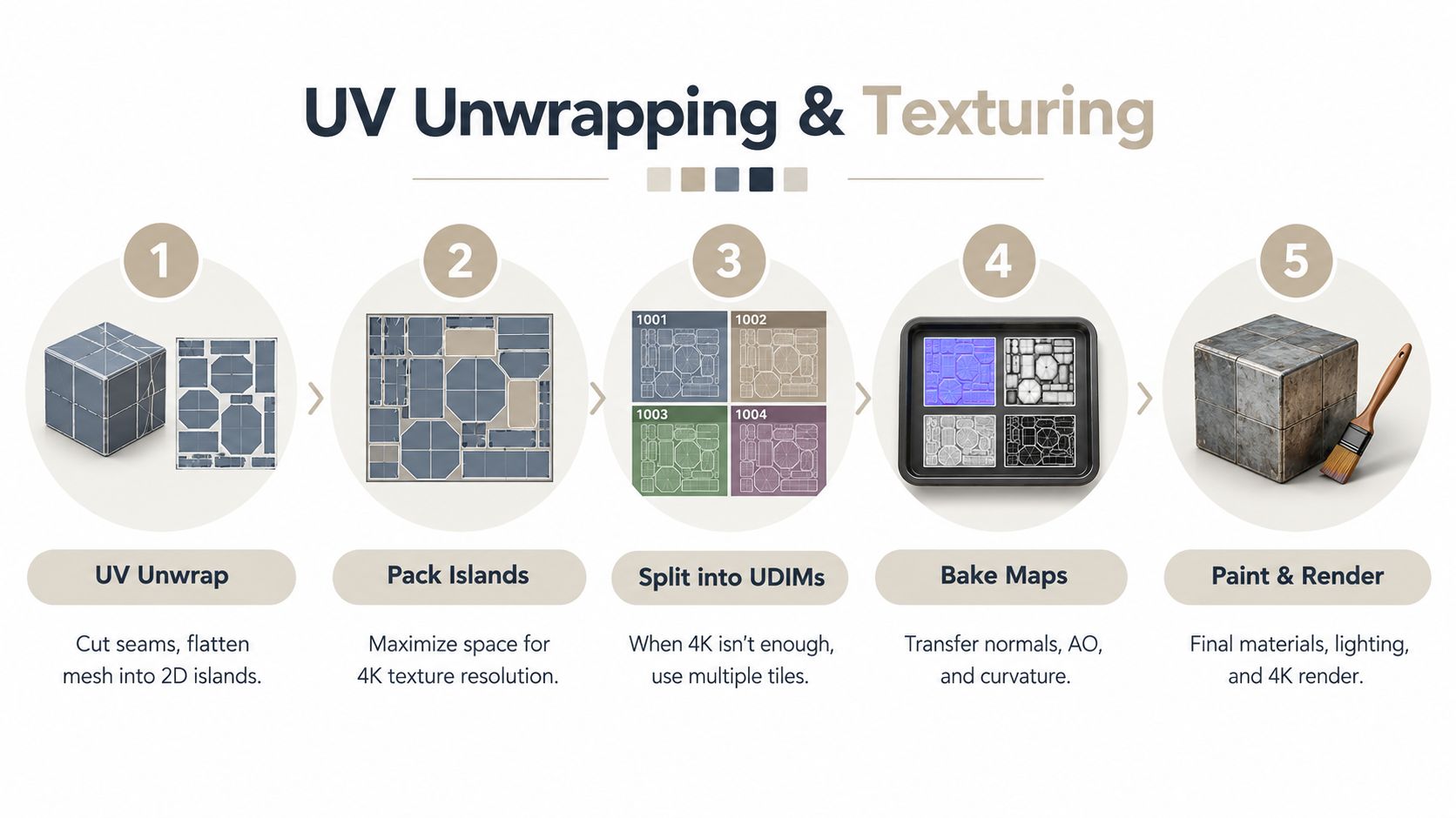 A five-step infographic illustrating the professional 3D workflow from UV unwrapping and packing to baking and texturing.