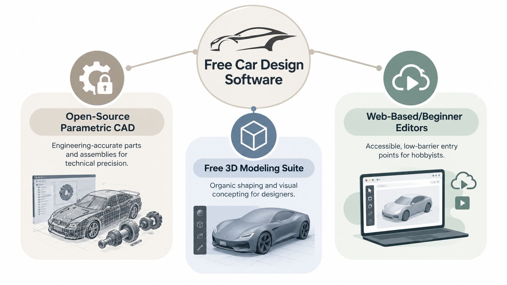 A diagram categorizing free car design software into open-source CAD, 3D modeling suites, and web-based beginner editors.