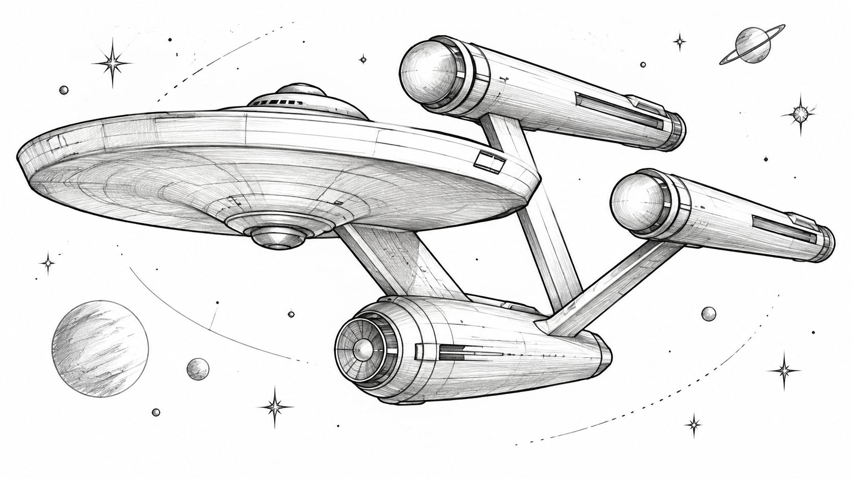 A detailed black and white pencil sketch of the Starship Enterprise traveling through deep space.