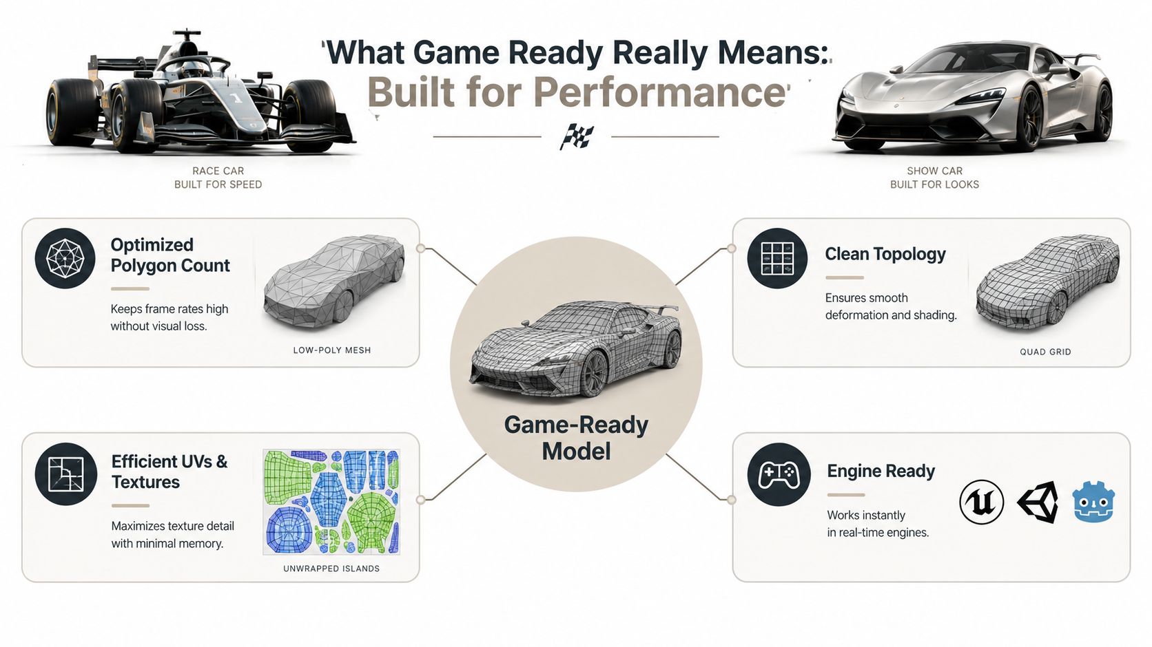 An infographic explaining the essential components of creating high-performance, game-ready 3D car models for real-time engines.