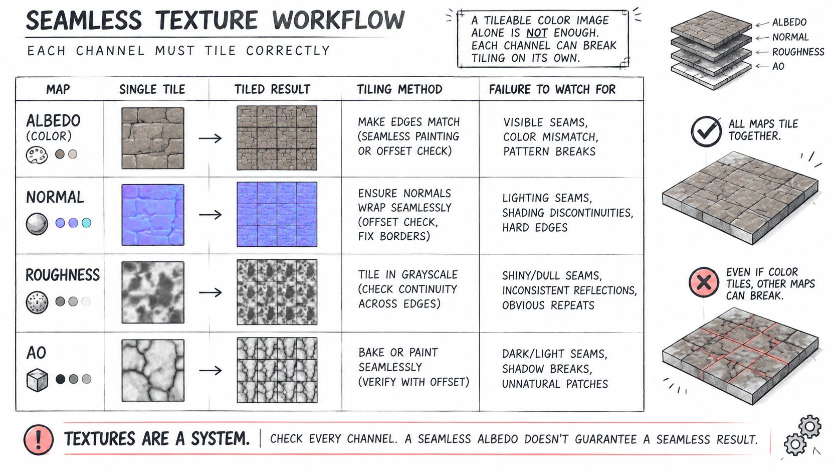 An educational infographic chart explaining the workflow for creating seamless textures for 3D modeling and game design.