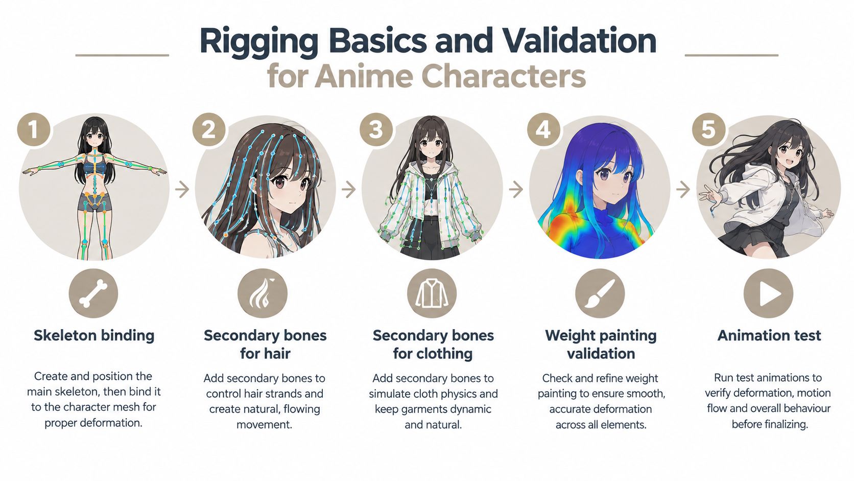 A five-step infographic showing the rigging and validation process for a 3D anime character model.