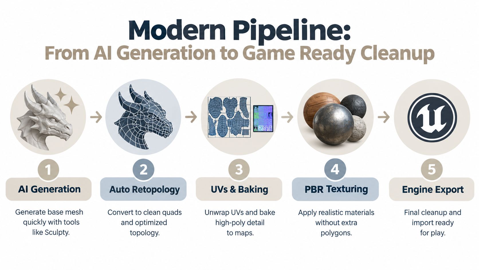 A five-step infographic showing the modern 3D pipeline from AI model generation to final game engine export.