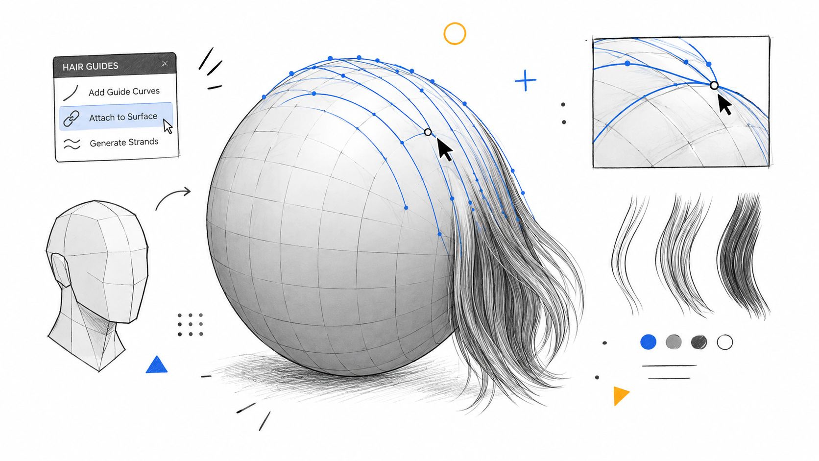 A digital illustration showing a 3D modeling interface for designing hair and fur on a sphere.