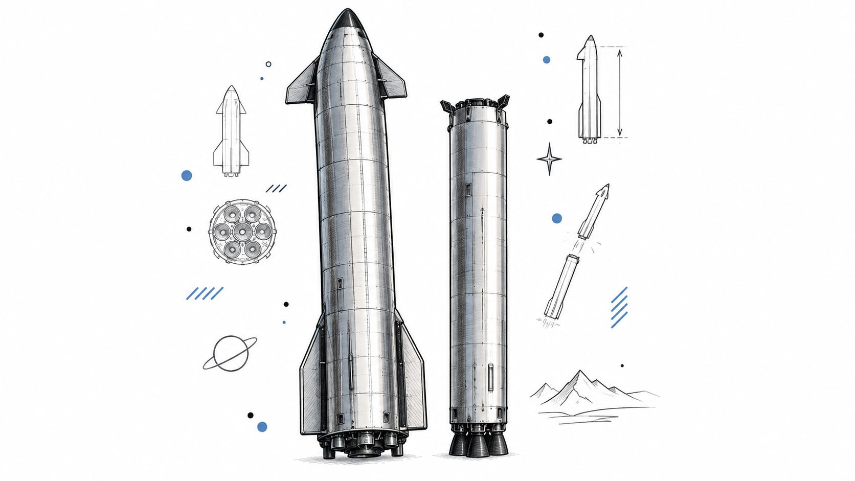 A detailed technical illustration of Starship rocket models showing the spacecraft and booster components side by side.