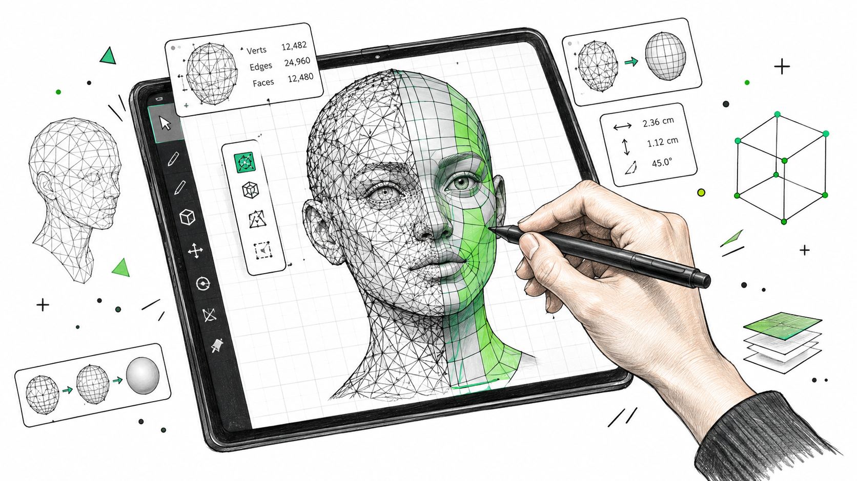 A hand using a digital pen to design a 3D wireframe head model on a tablet screen.