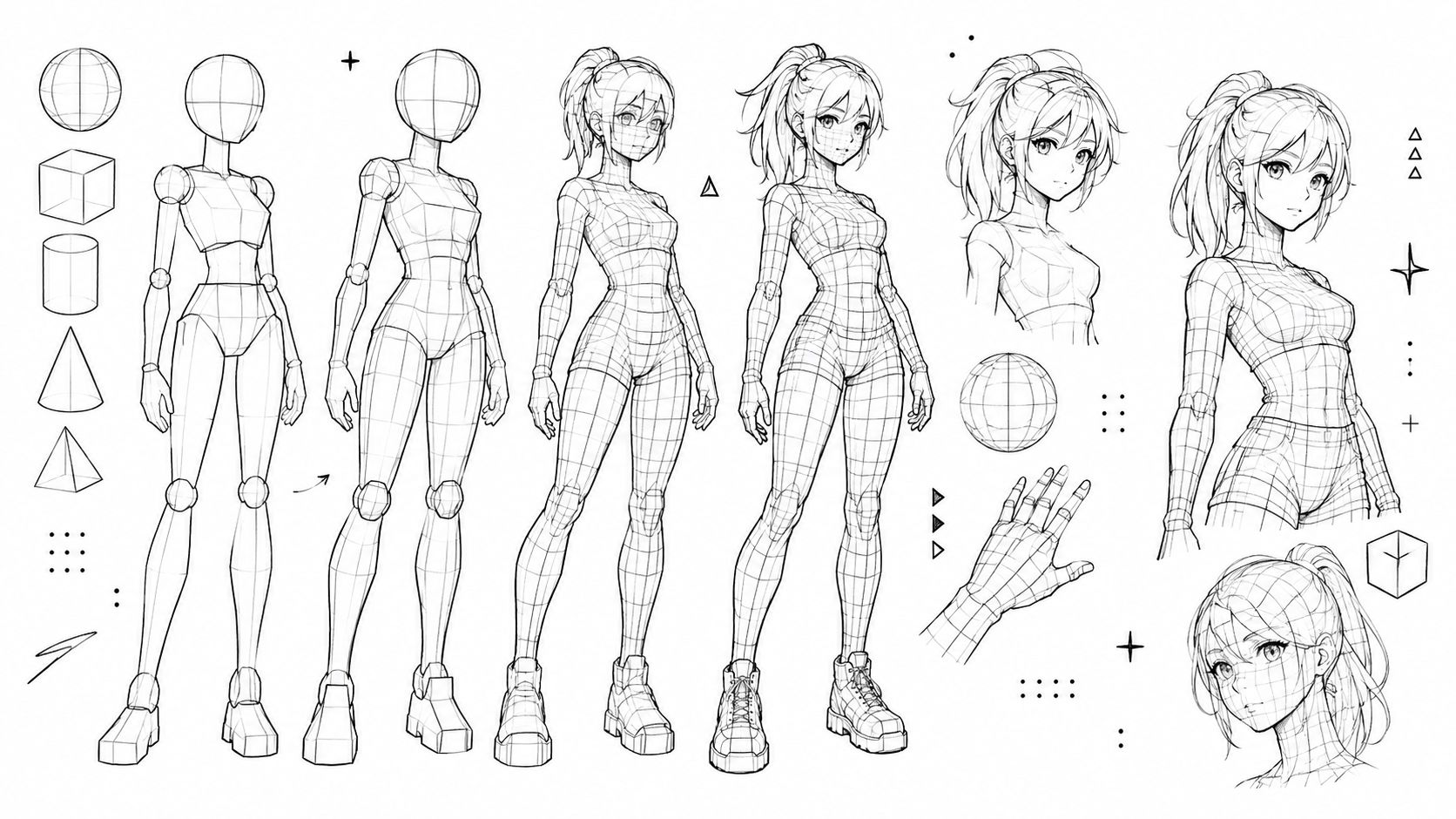 A comprehensive drawing tutorial showing the step-by-step process of constructing an anime-style character model.