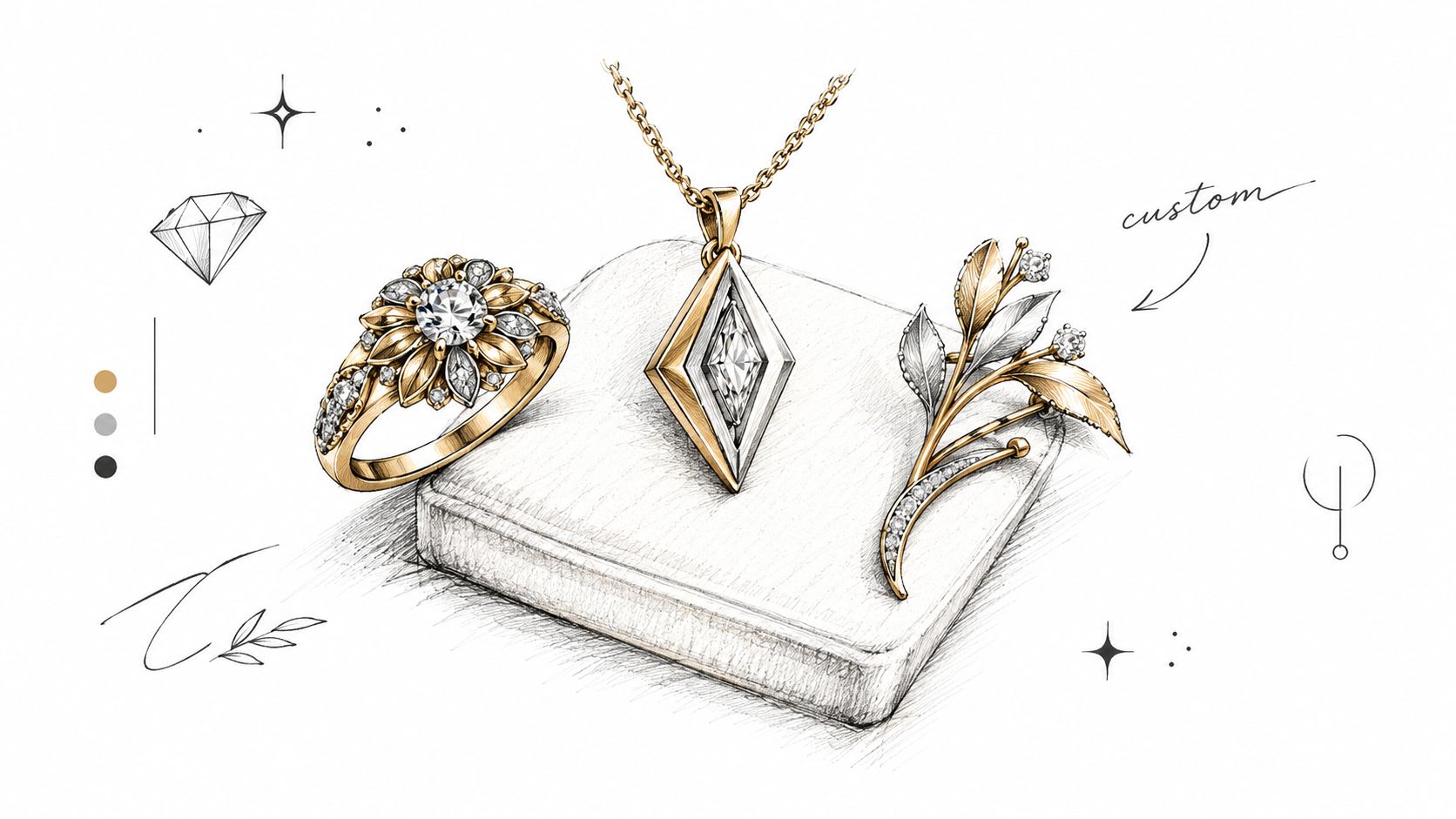 An artistic sketch of a gold floral ring, diamond pendant, and leaf brooch on a jewelry display