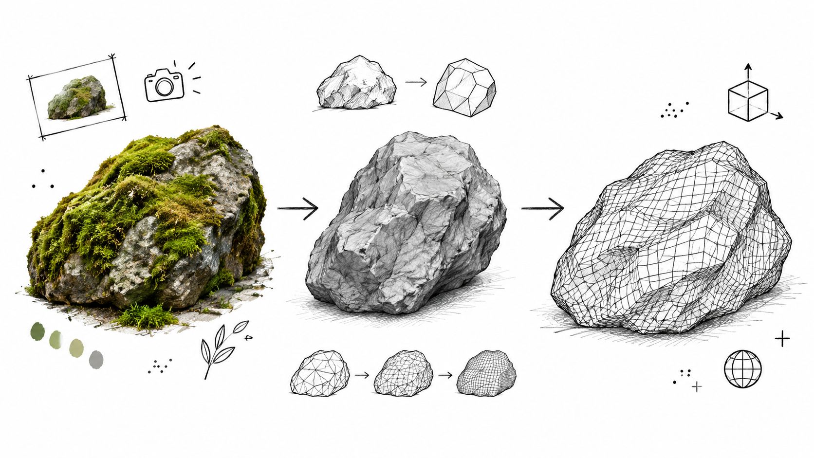 A digital illustration showing the process of creating a 3D rock model from a real photograph.