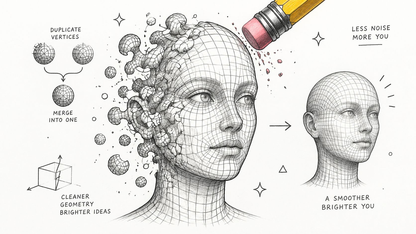 A pencil erasing noise from a 3D wireframe head to demonstrate geometry cleanup and modeling improvement.