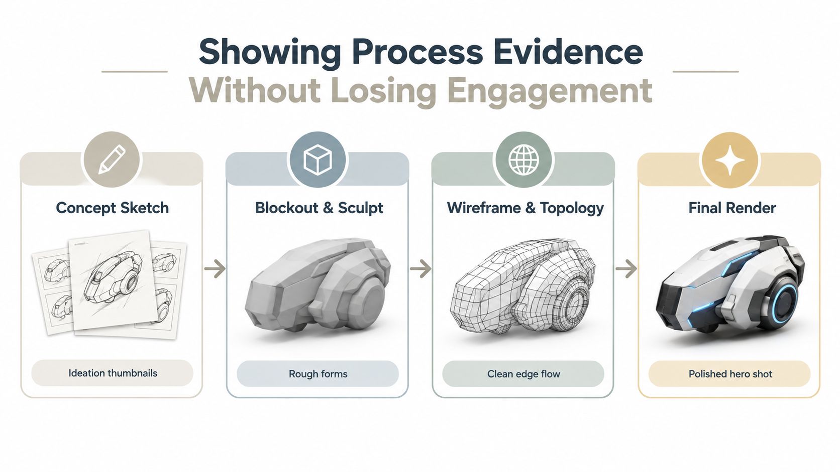 An infographic showing the four-stage workflow of creating a 3D model from sketch to final render.
