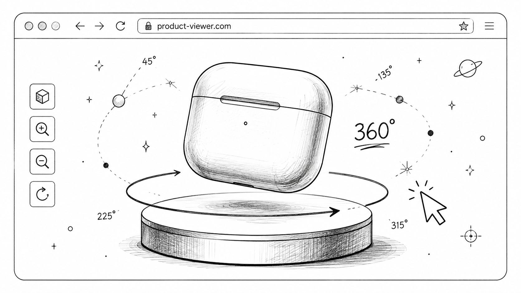 A pencil sketch of a 3D product viewer interface displaying a wireless charging case rotating 360 degrees.