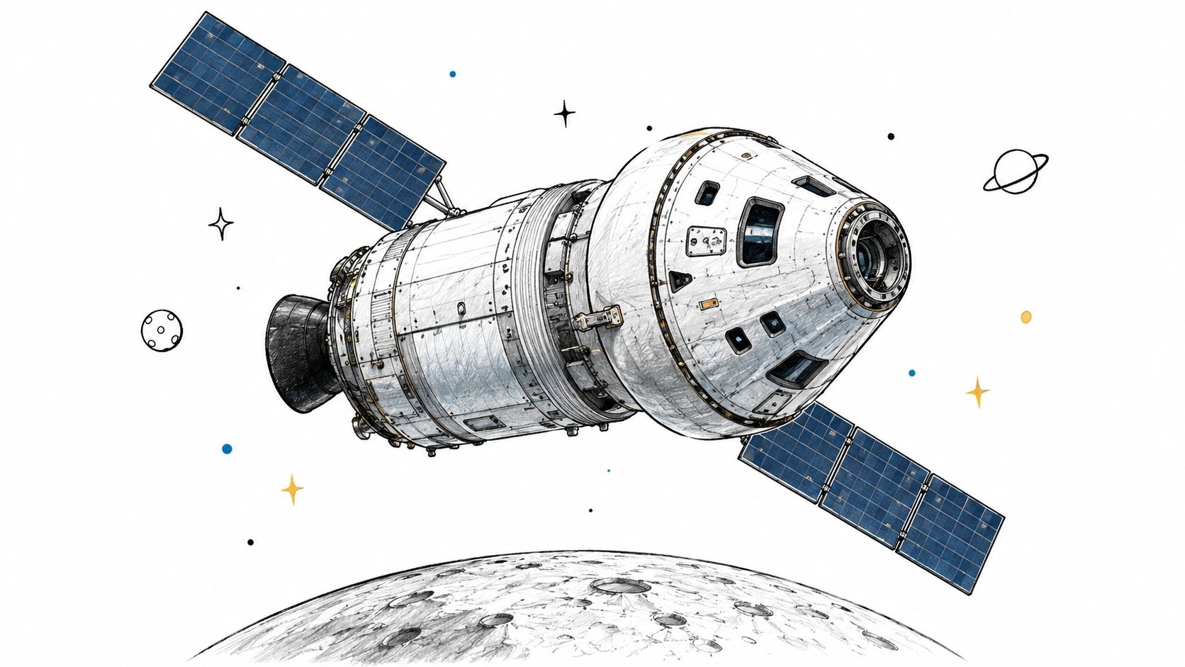 A detailed illustration of the Orion spacecraft orbiting above the cratered surface of the moon in space.