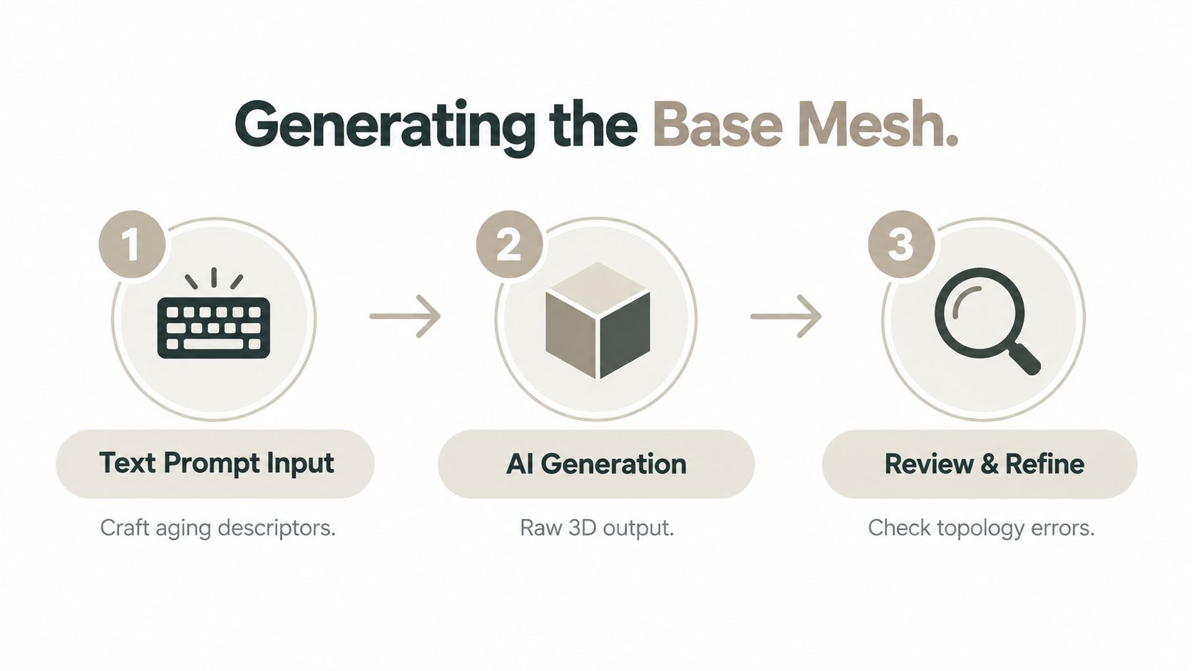 A three-step infographic showing the workflow for generating a base 3D mesh from text prompts.