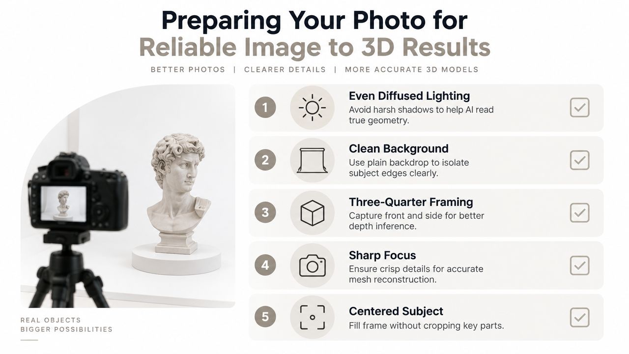 A step-by-step guide explaining how to prepare photos for accurate 3D model reconstruction using AI technology.