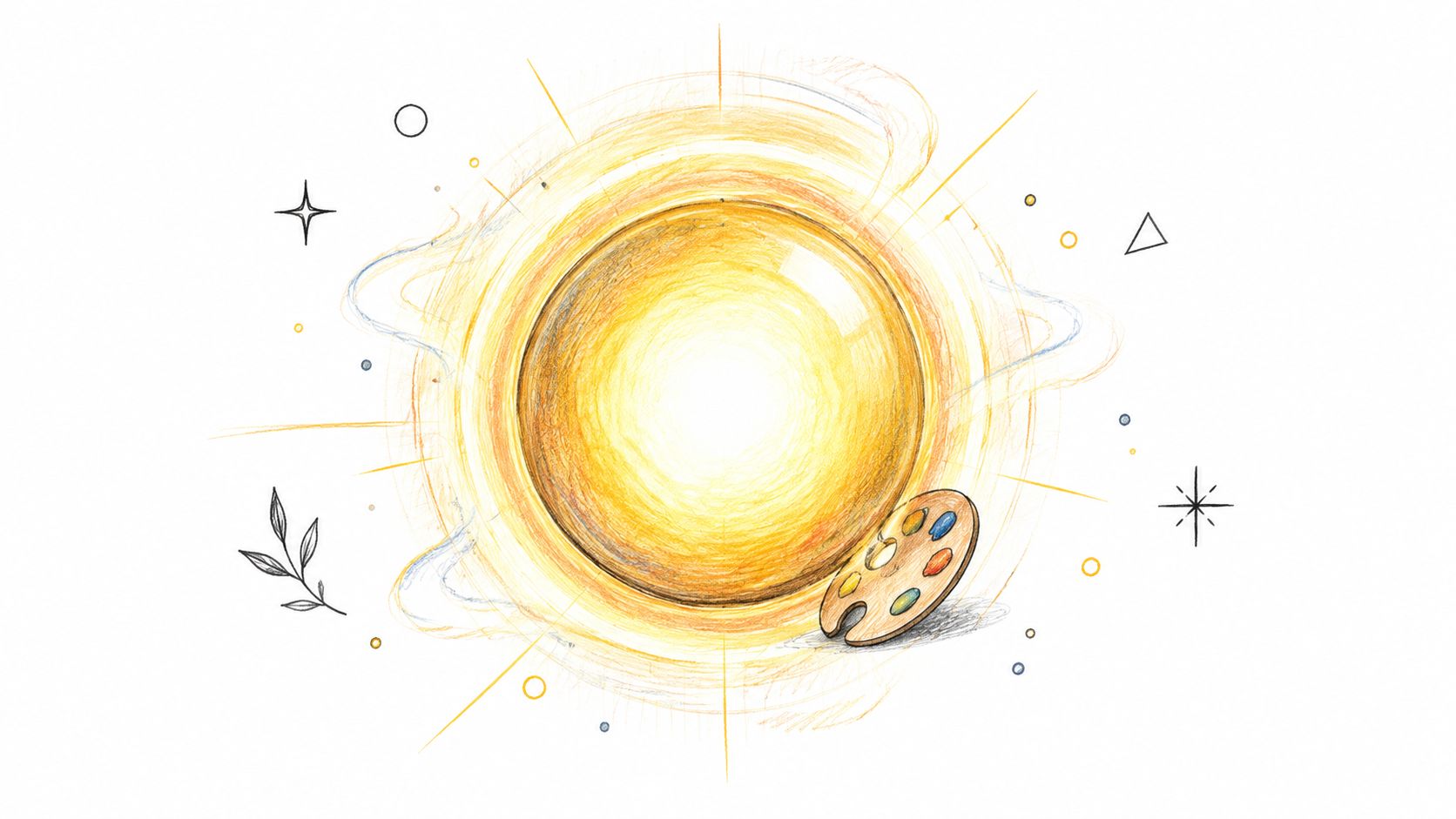 A hand-drawn illustration featuring a glowing golden sun with a paint palette resting at its base.
