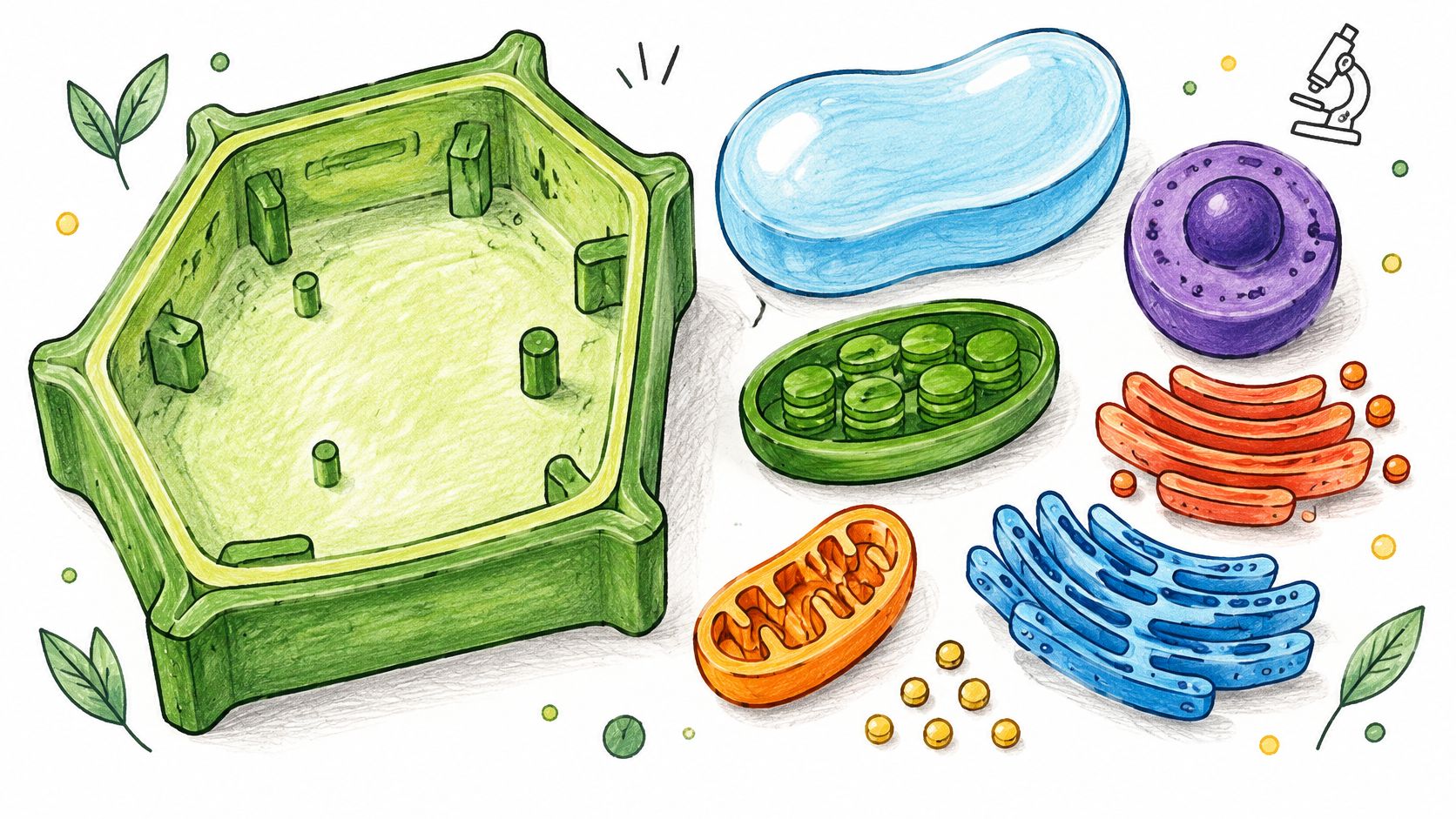 A hand-drawn illustration depicting the internal components of a plant cell separated on a white background.