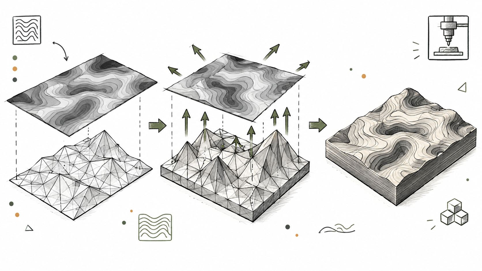 A diagram illustrating the digital process of 3D printing terrain models from topographic map data layers.