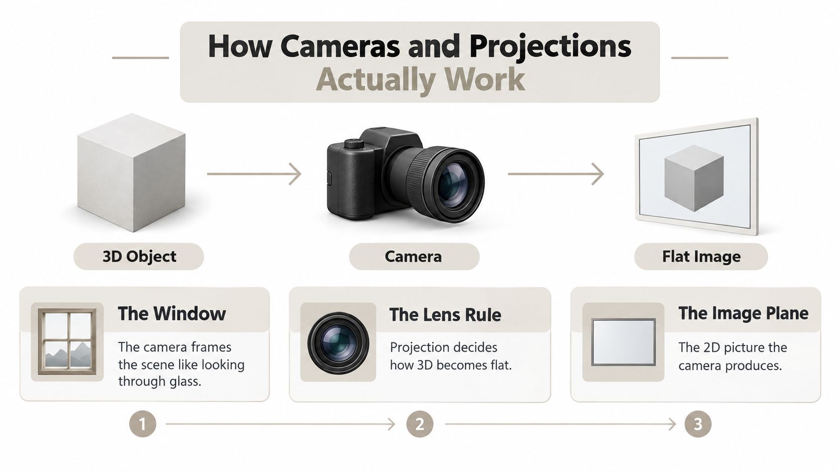 A diagram illustrating how a 3D cube is captured by a camera and projected into a flat image.