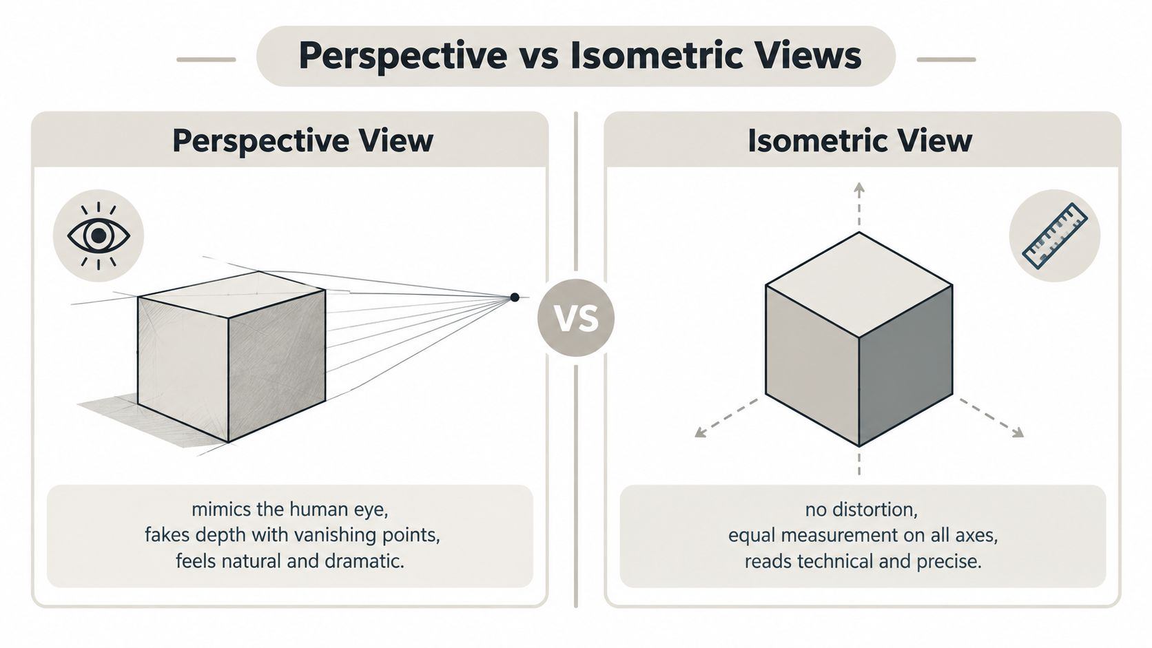A diagram comparing perspective view, which mimics human sight, to isometric view, which provides technical measurement.