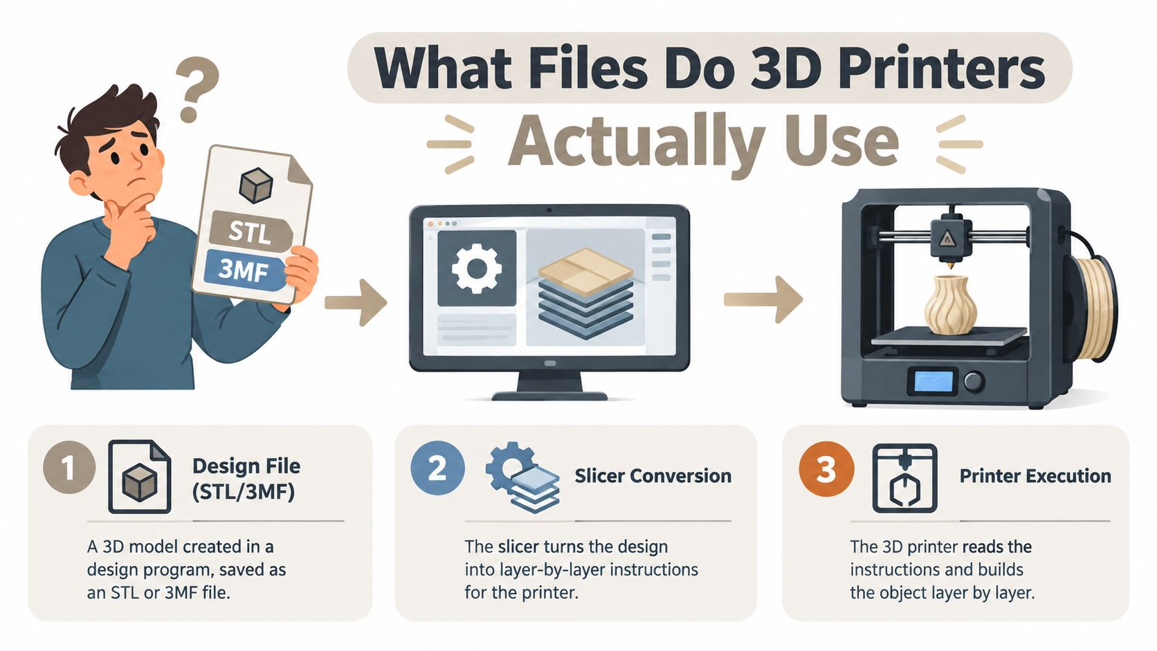 A diagram illustrating the three-step process of converting 3D design files into physical printed objects.