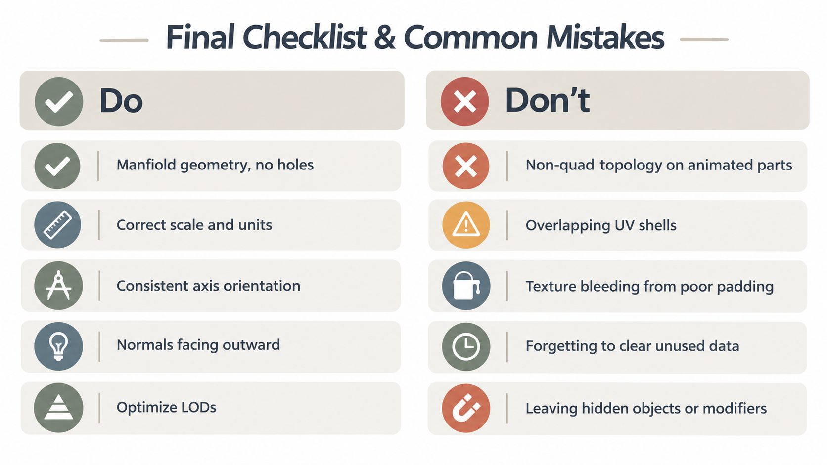 A checklist infographic outlining essential do's and don'ts for 3D modeling and asset optimization workflows.