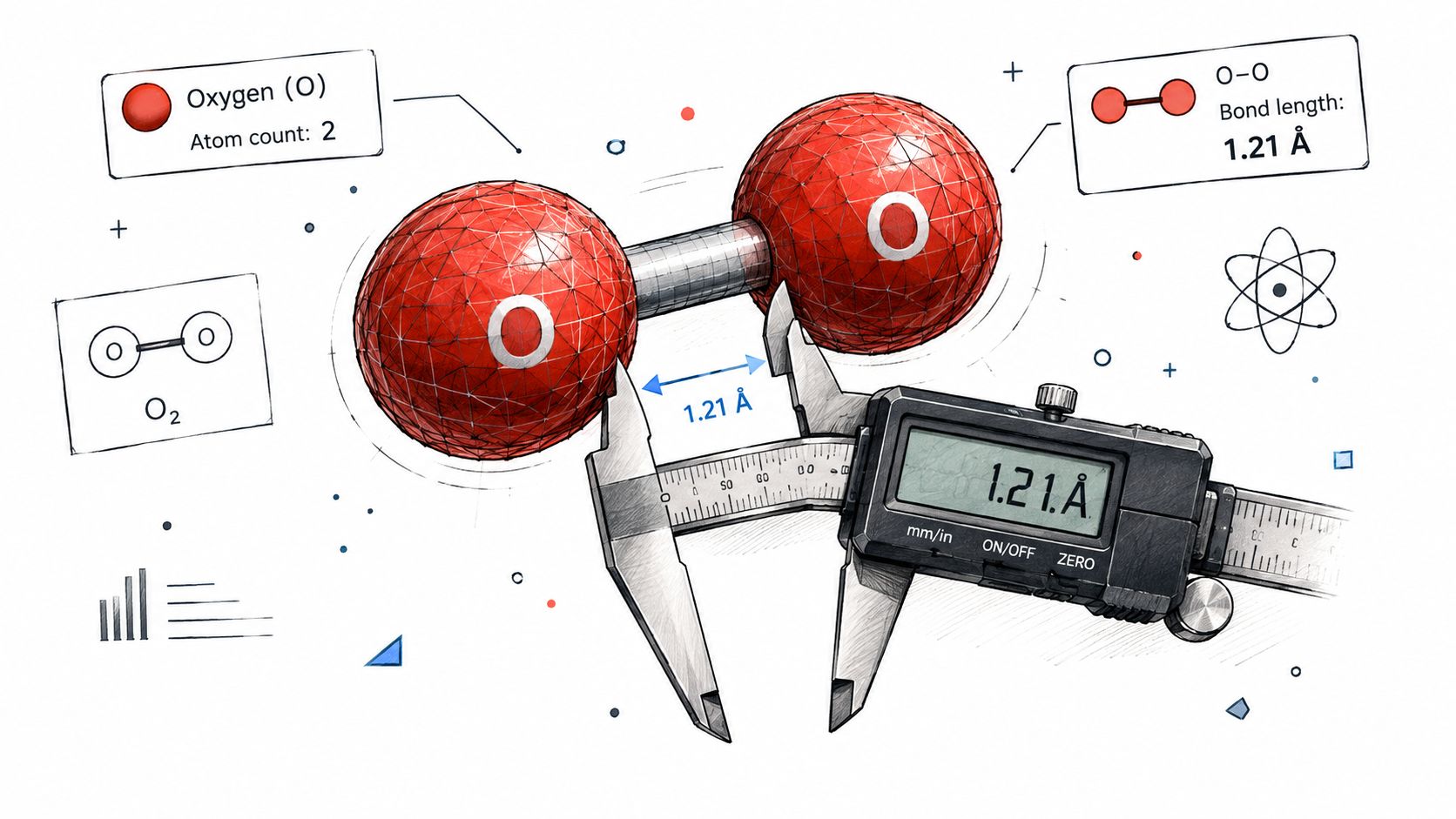 A 3D model of an oxygen molecule with digital calipers measuring the O-O bond length of 1.21 angstroms.