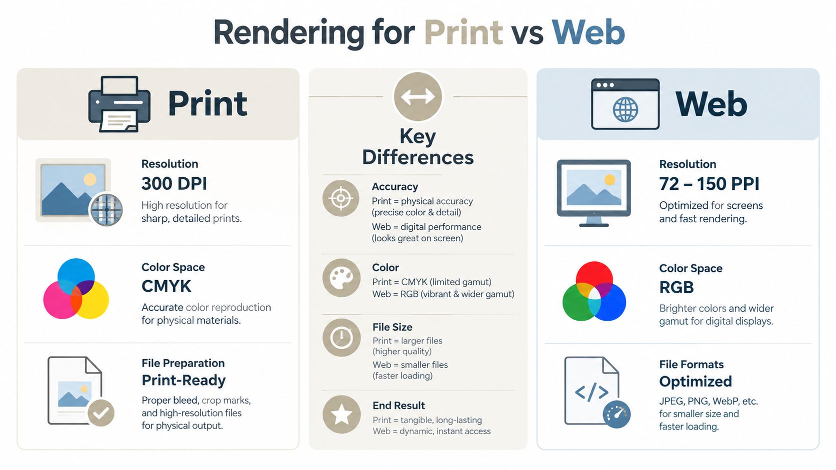 A comparison infographic showing key differences between preparing images for print versus web rendering formats.