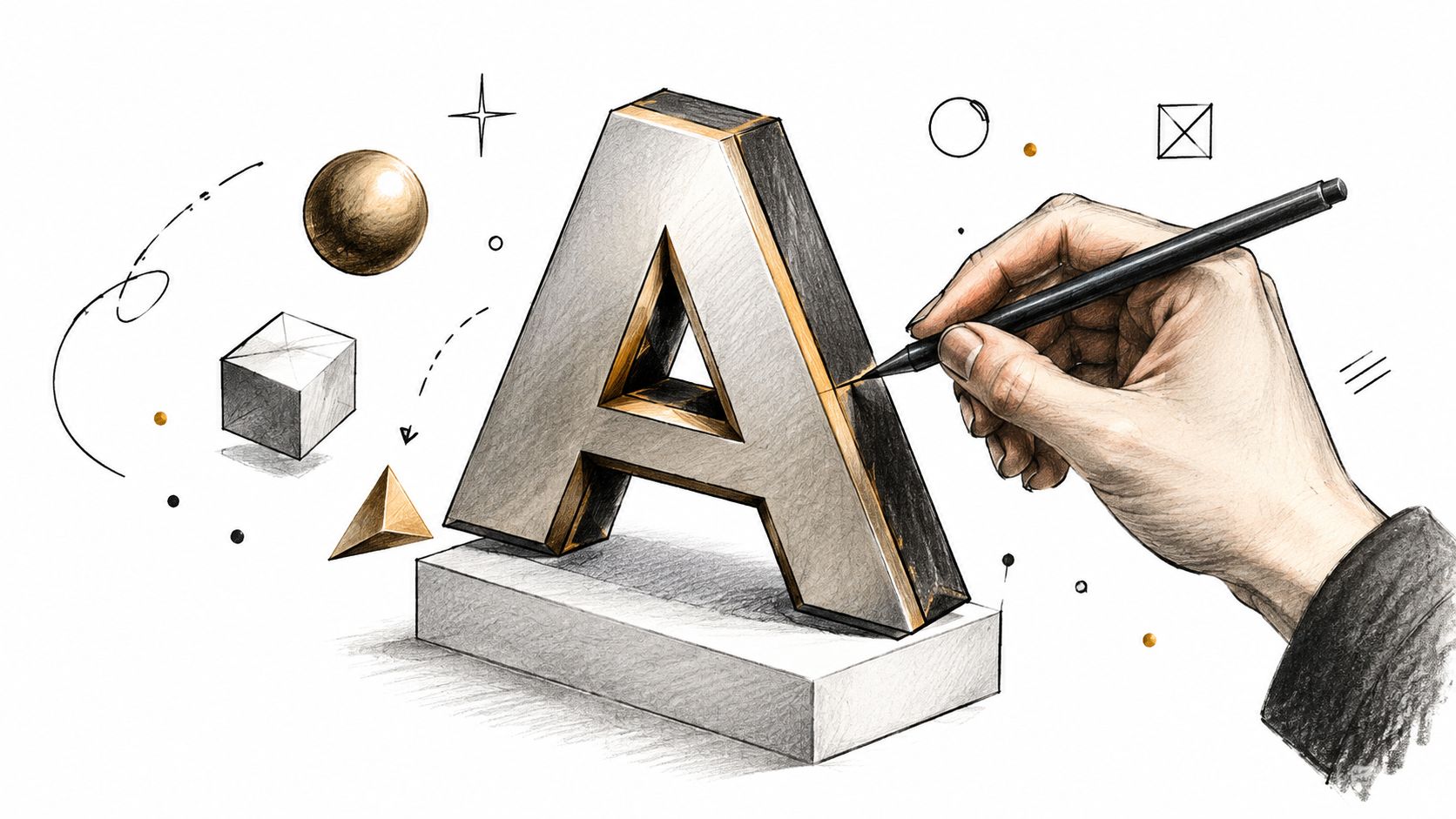 A hand holding a pen sketching a three-dimensional letter A surrounded by various geometric shapes.