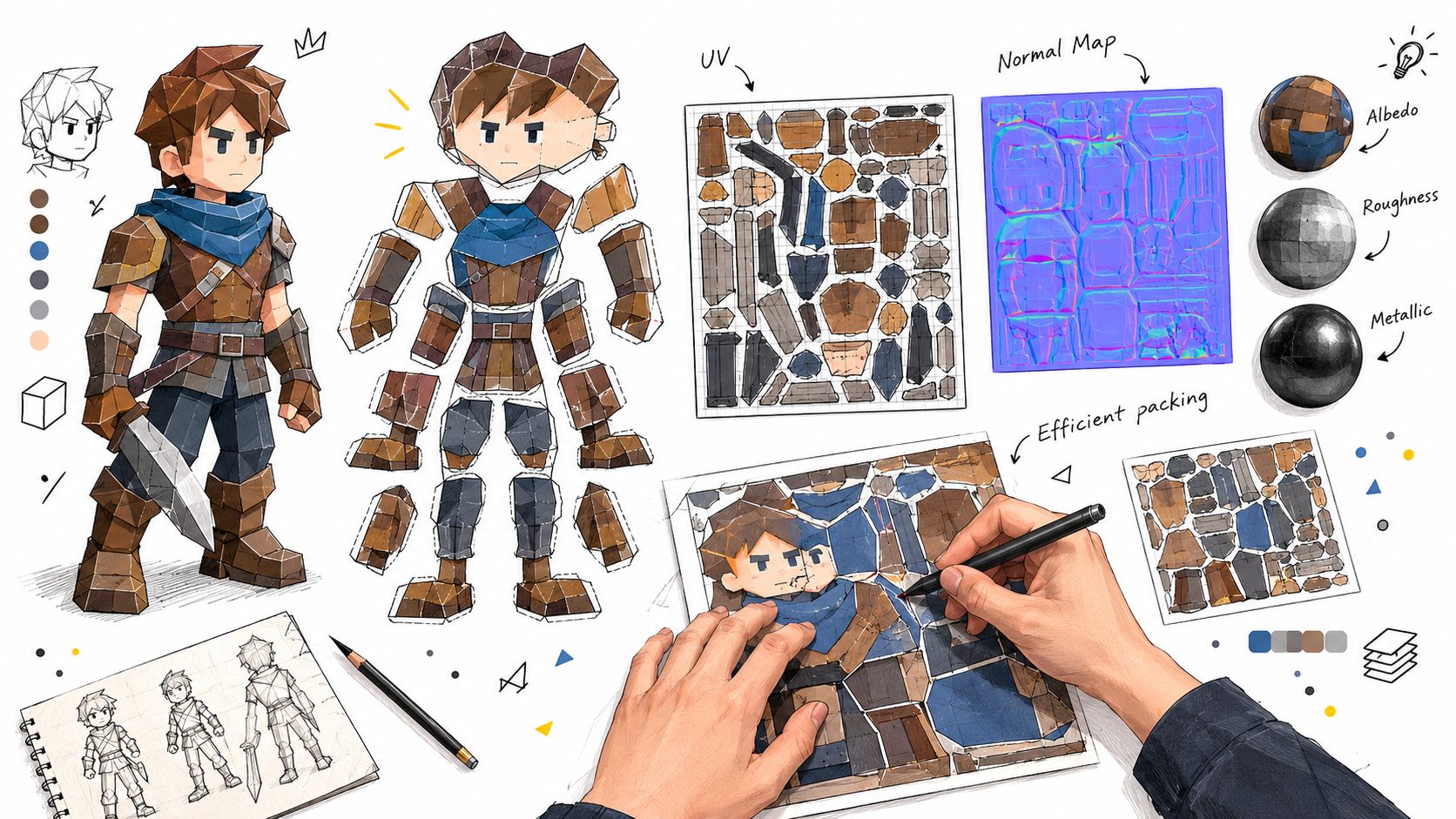 A digital art piece showcasing the character modeling process, including sketches, UV maps, and texture creation for a game.