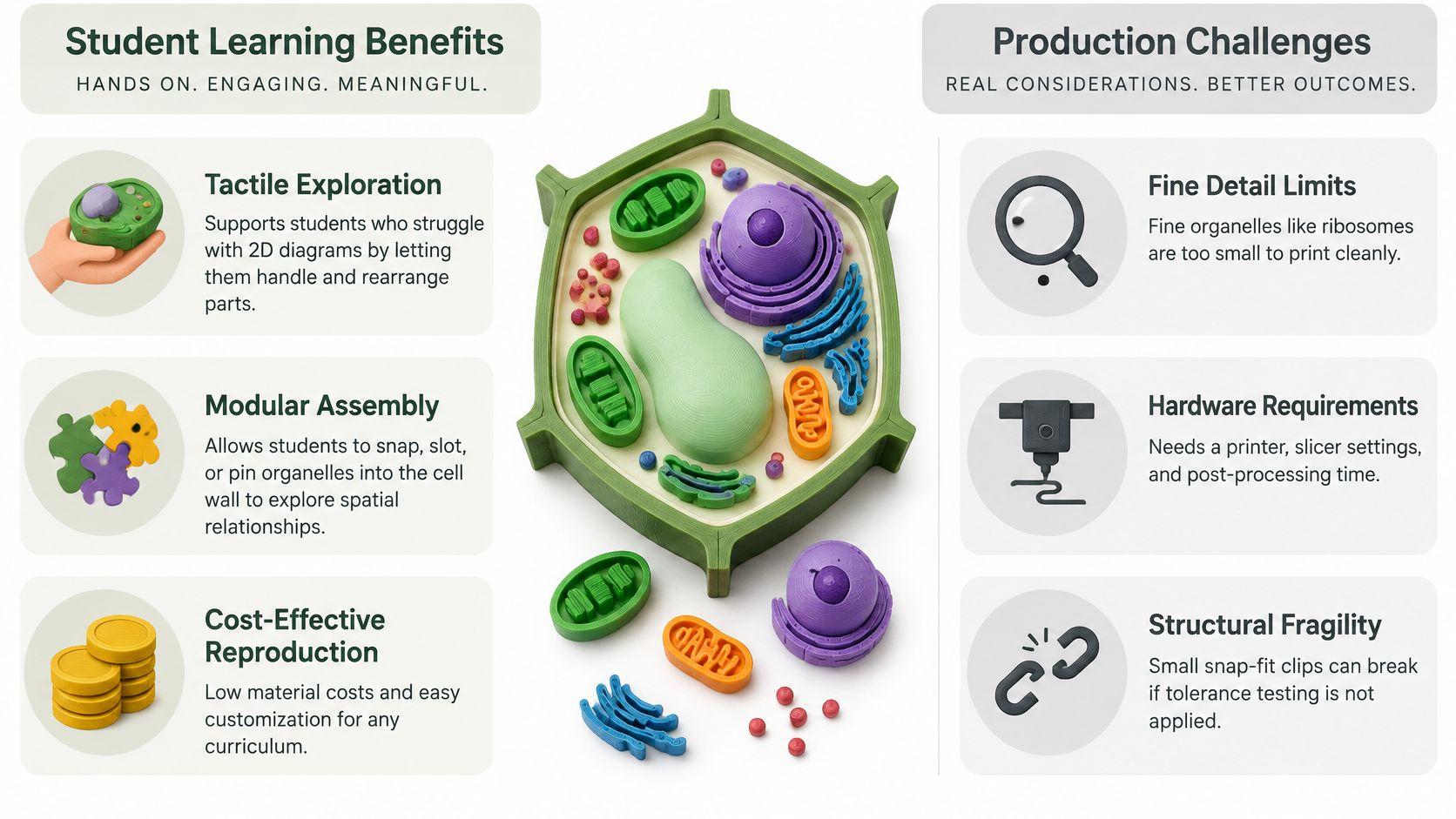 An infographic comparing the student learning benefits and production challenges of 3D printed plant cell models.
